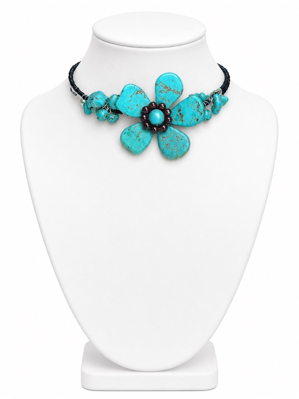 Handmade Turquoise Beaded Choker Flower Necklace Western Boho Southwestern